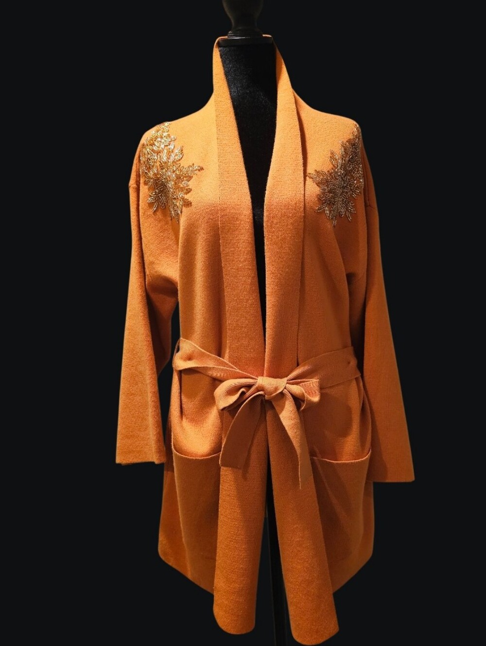 Max Spirt Embroidered Belted Orange Women's Sweater Cardigan